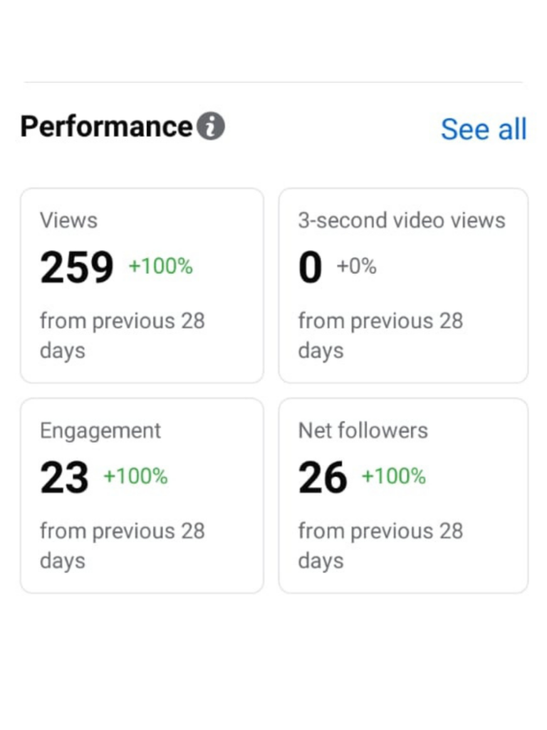 Social media analytics showing early baseline metrics of 259 views before strategy implementation